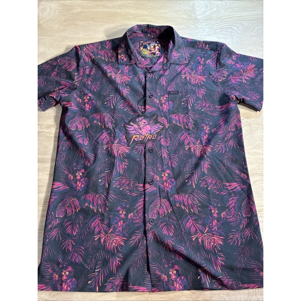 Retro Rifle Chill Chimp Button Up Shirt Mens Large Black Purple Tropical Monkey